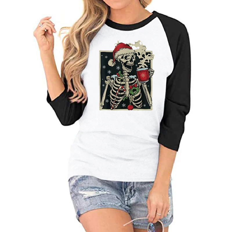 Skeleton Drinking Coffee Graphic T Shirts Women Christmas Skeleton with Smiling Seven-quarter Sleeve T-shirt Coffee Lover Shirt