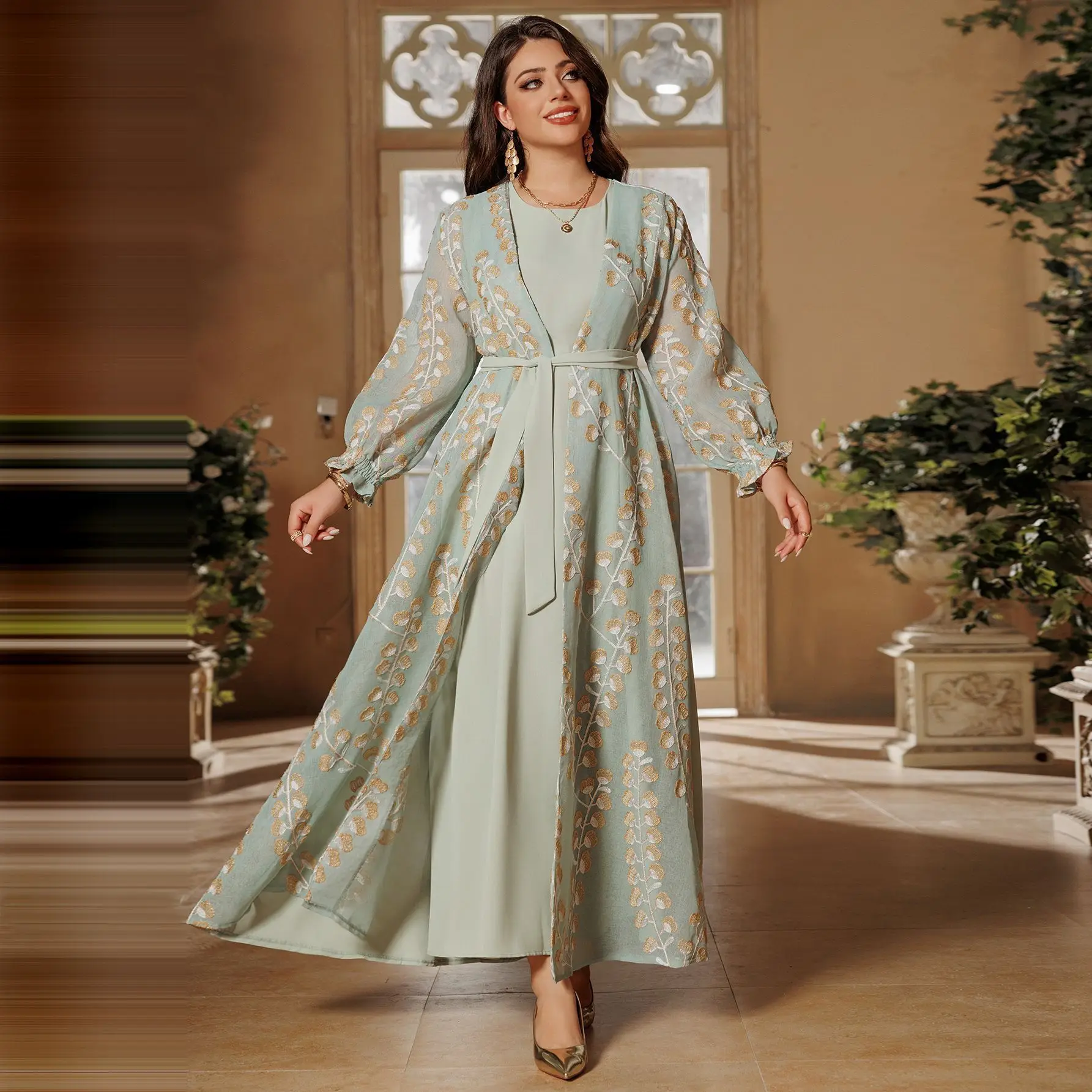 AB411 Cuff Pullover Cardigan Set Dress Dubai Elegant Long Dress Women's Dress