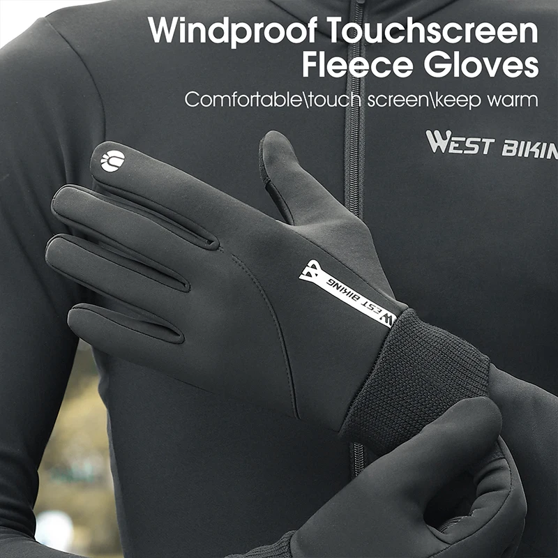 WEST BIKING Winter Men Thermal Gloves Windproof Full Finger Cycling Gloves Touch Screen Fleece MTB Road Bike Warm Sport Gear