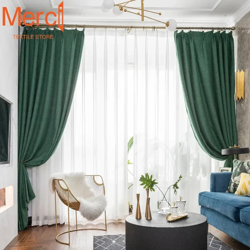 European British Plain Dark Green Modern Simple Curtains Thickened Blackout Curtains for Living Dining Room Bedroom Custom