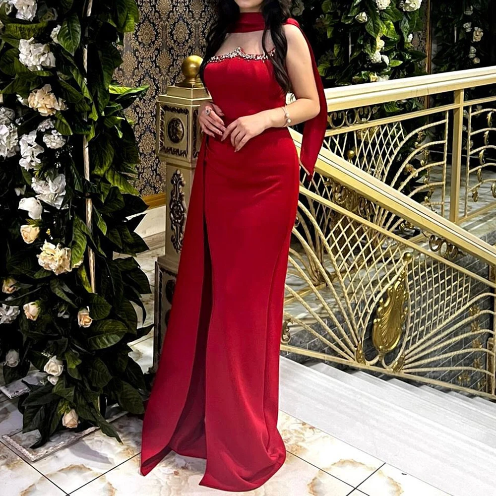 

Customized A-line Evening Dresses Floor-length Strapless Sleeveless Prom Gown Fashion Crystal Simple Stole Draped Party Gown