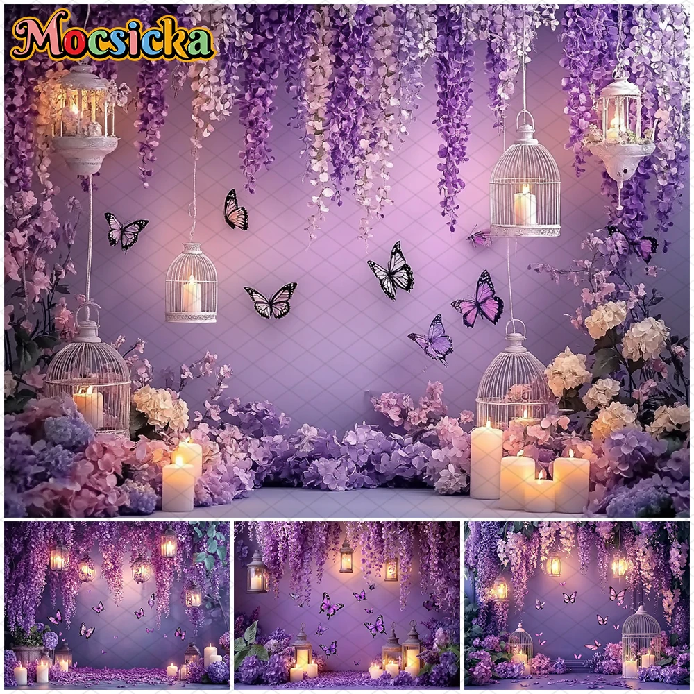 

Mocsicka Purple Flower Wall Backdrops Spring Easter Butterfly Adult Wedding Decorations Birthday Party Backgrounds Studio Banner