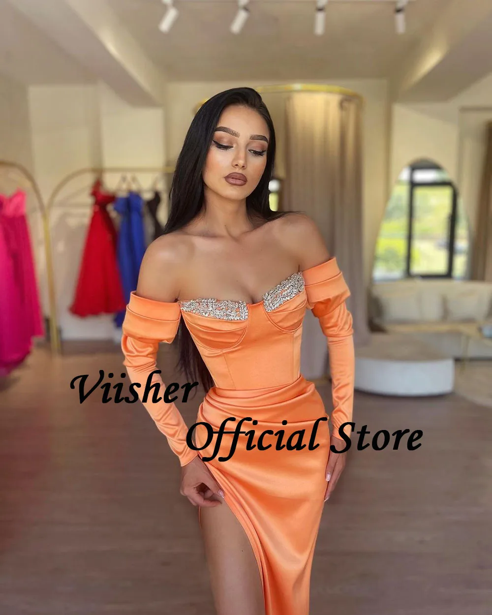 Viisher Orange Satin Mermaid Evening Dresses with Slit Beads Sweetheart 3/4 Sleeve Formal Prom Dress Tight Long Evening Gowns