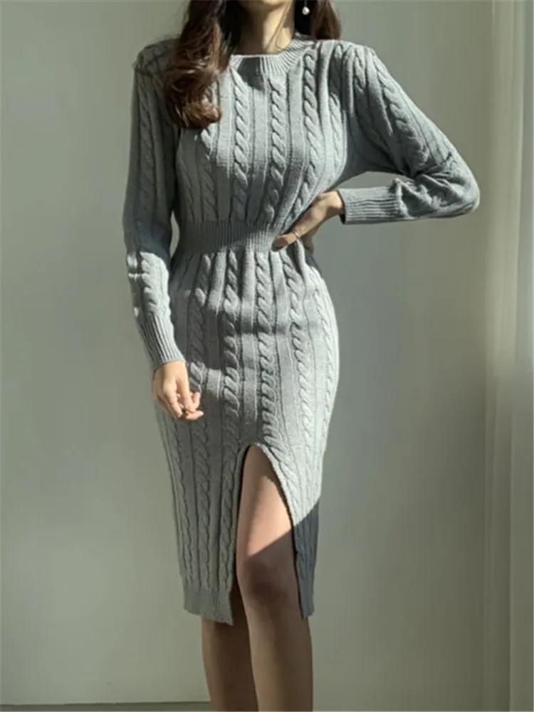 Winter Women\'S Dress 2021 Bodycon Sweater Women Dress Long Sleeve  Knitted Dresses Maxi Vintage Oversize Dresses Evening Fall