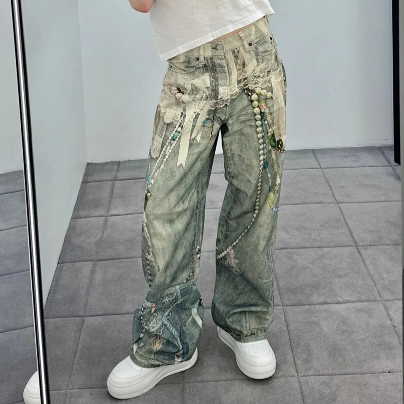 MWJLPWQ الدانتيل اللؤلؤ سلسلة ثلاثية الأبعاد مطبوعة الذكور تصميم الجينز شارع العليا مستقيم بنطال ذو قصة أرجل واسعة للجنسين 2025 الخريف موضة جديدة 21054