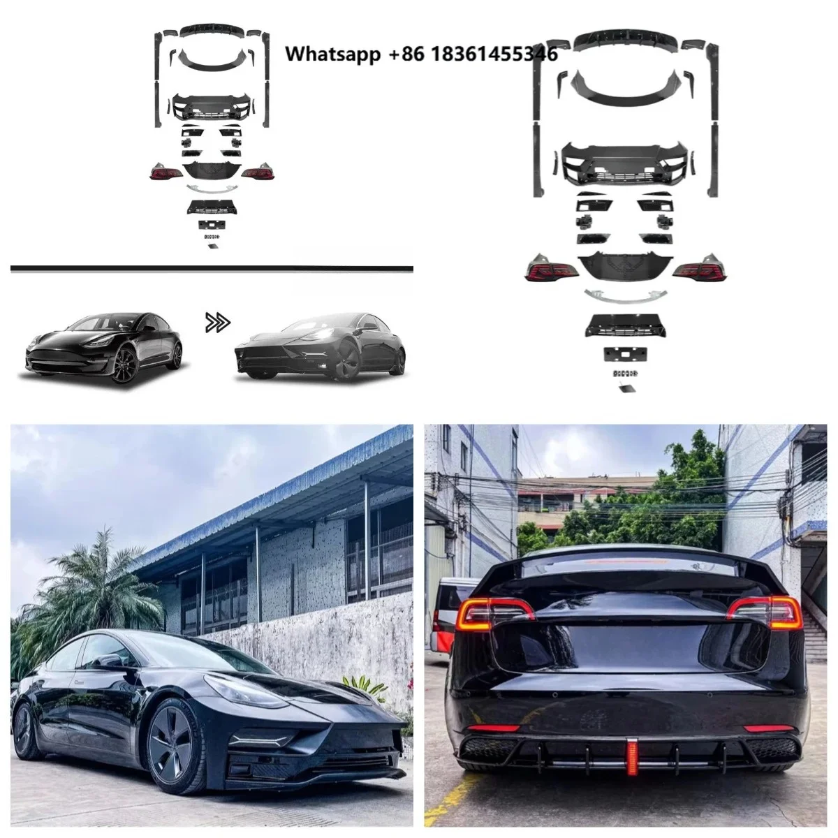 For Model 3 Front Bumper Rear Spoiler Splitter Tailpiece Aerodynamic ComponentsStlf Car Body Kit
