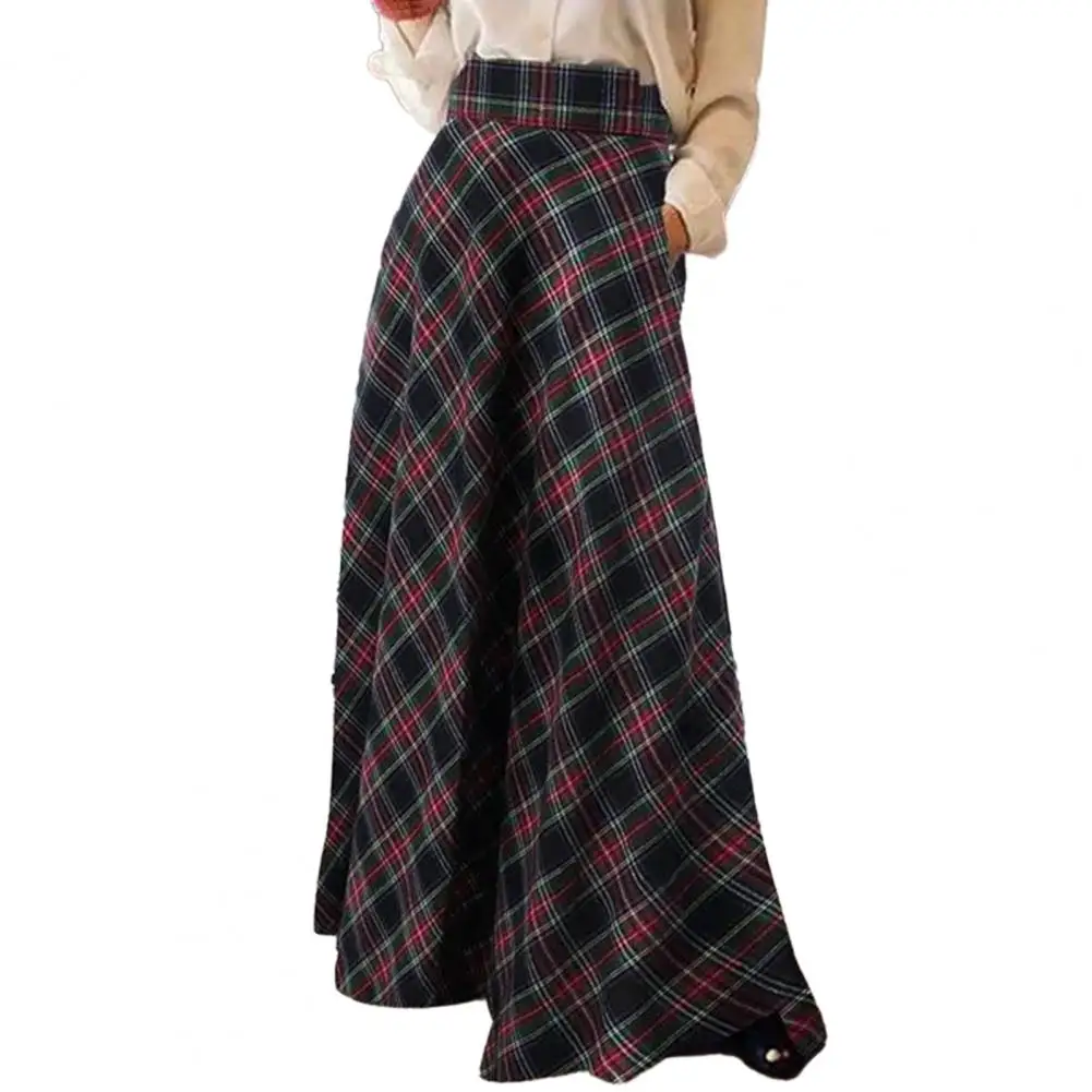 Women Elegant Maxi Skirt Plaid Print High Waist Maxi Skirt for Women Oversized A-line Check Skirt with Hem Spring Floor Length