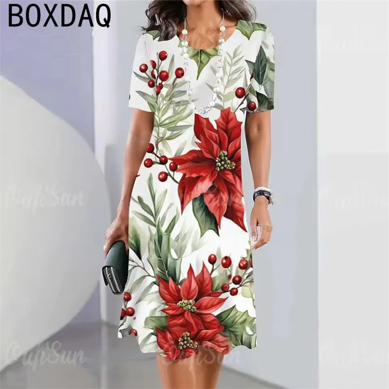 

Summer Round Neck Short Sleeve A-line Dresses Vintage Red Flowers Printed Elegant Women's Dress Fashions Party Elegant Dresses