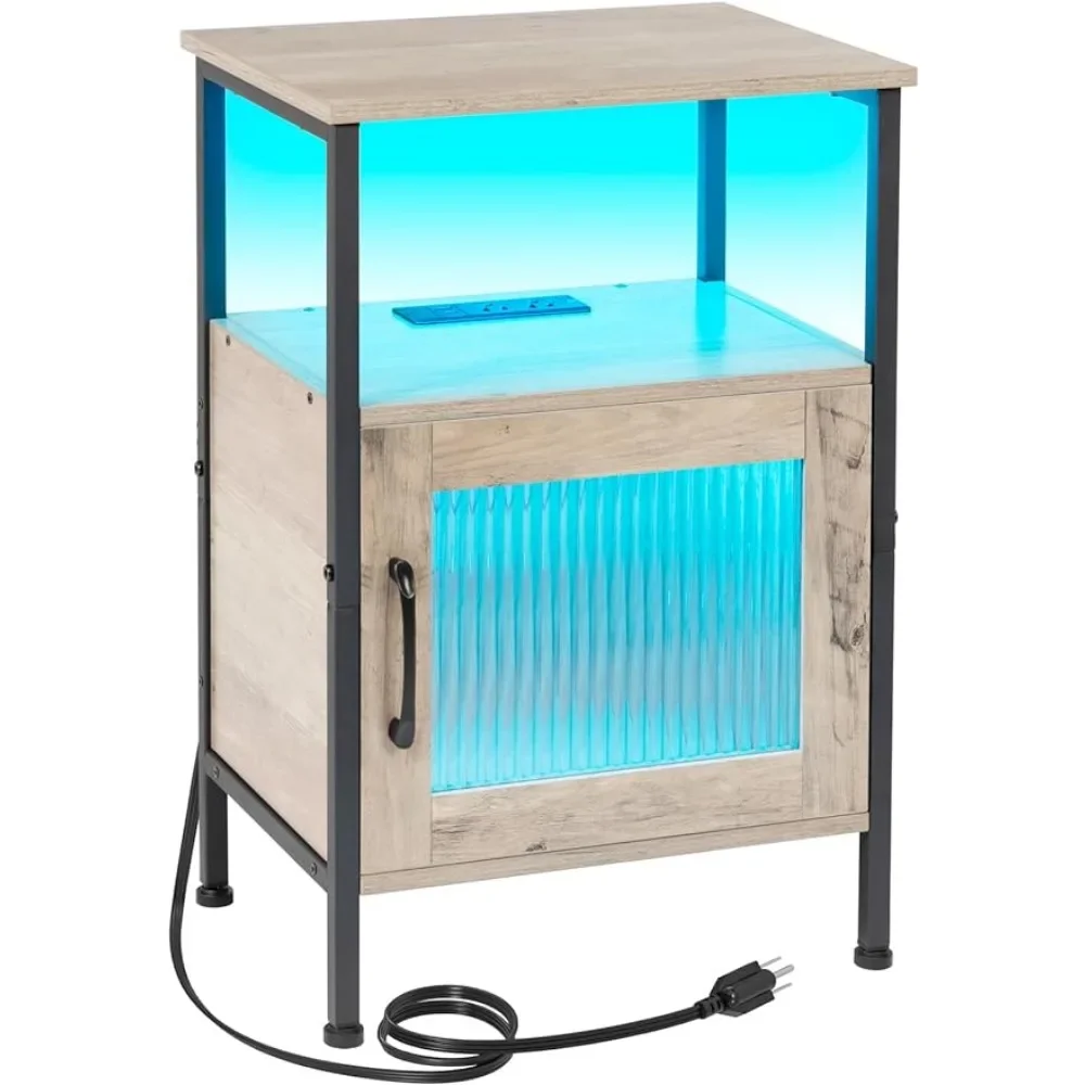 Mesita de noche con estación de carga, mesita de noche LED con puerta de vidrio y estante de almacenamiento con puertos y enchufes USB, mesa lateral pequeña para cama