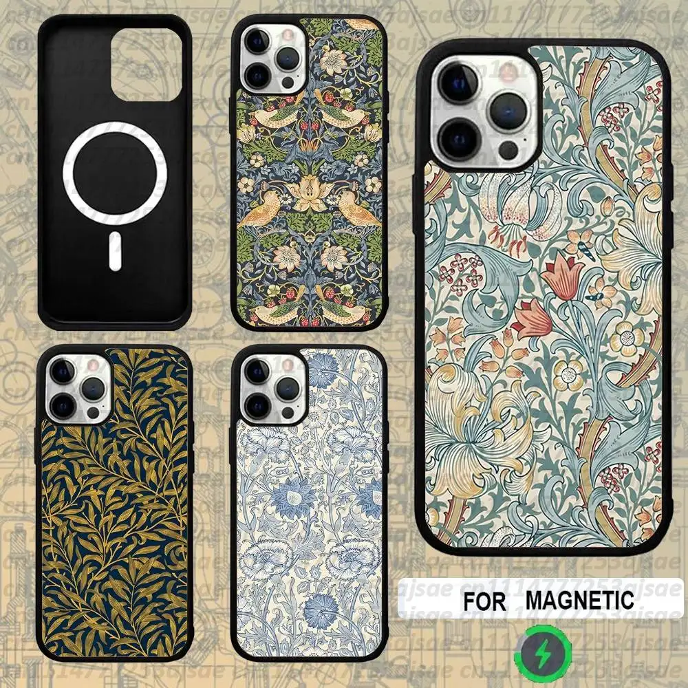 William Morris Strawberry Thief For Magsafe Wireless Charge Case For iPhone 18,15,16,17,13,14,11,12,Pro,Max,Plus,E,Air,Mini