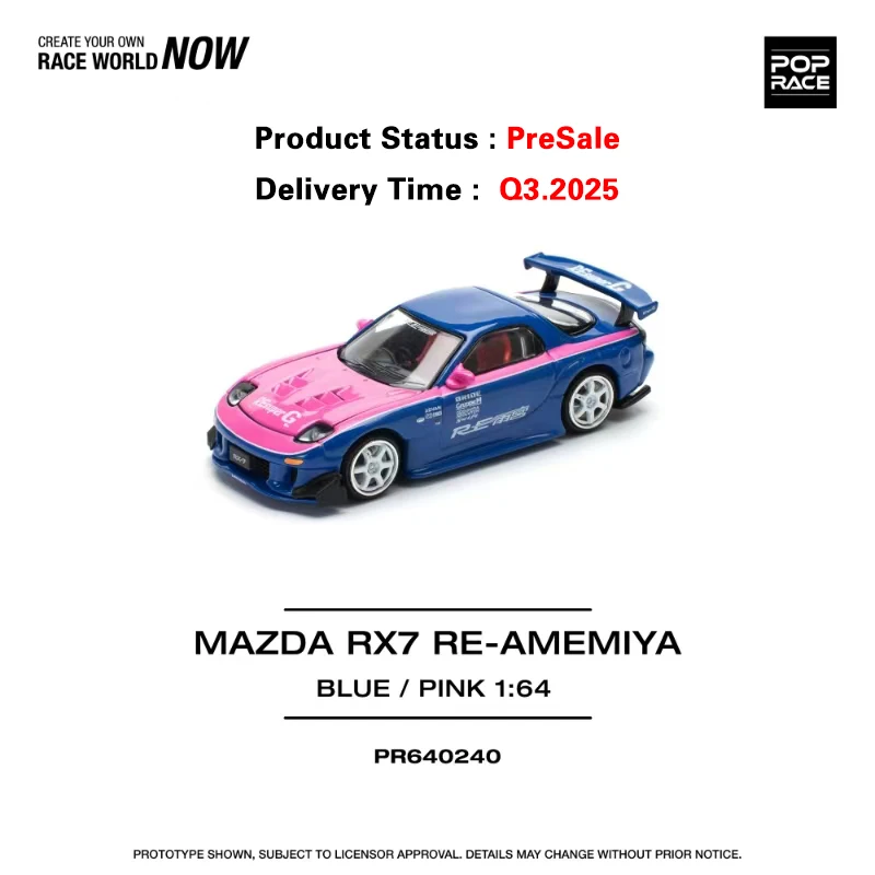 PreSale POP Race 1:64 RX7 Mk3 FD3S RE Amemiya Blue Pink Openable Hood Diecast Diorama Car Model Toy