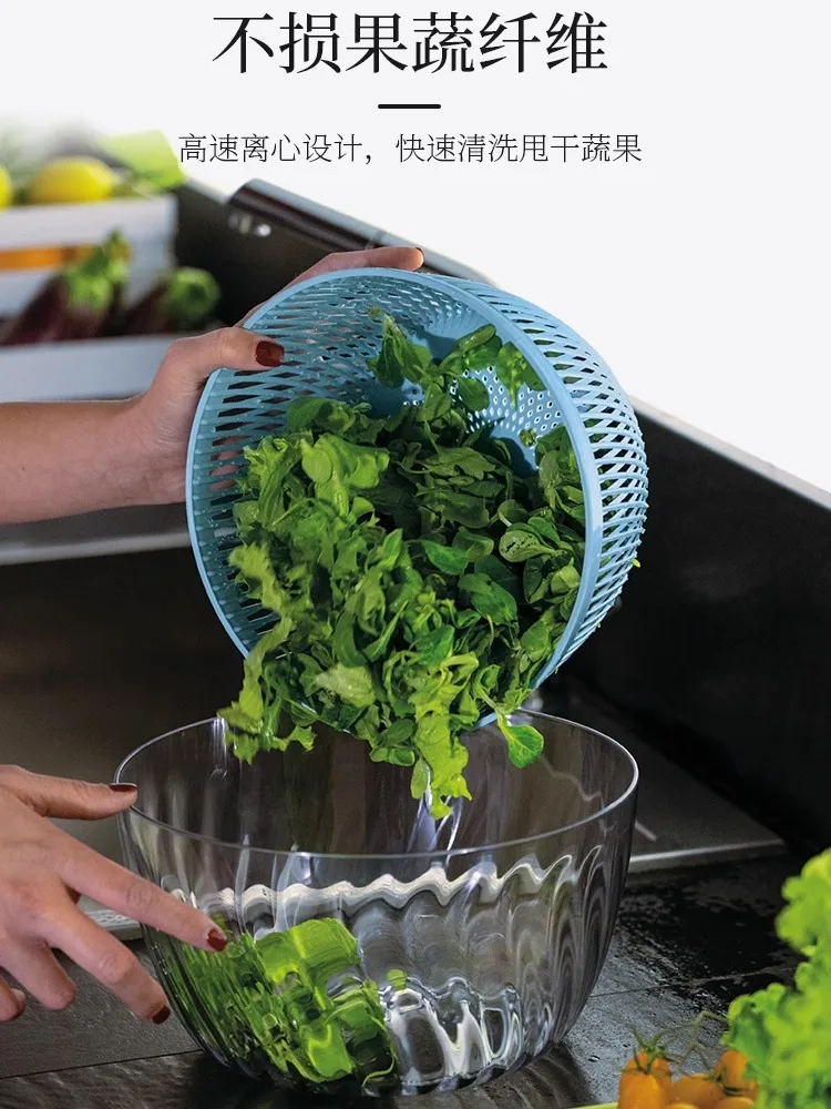 Vegetable dehydrator, water splitter, manual rotation of drain basket, multi-functional vegetable basin