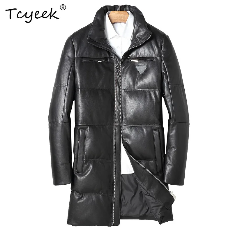 Tcyeek Genuine Sheepskin Down Coat Warm Jackets Men Winter High Quality White Goose Down Thickened Coats Mid Length Chaquetas