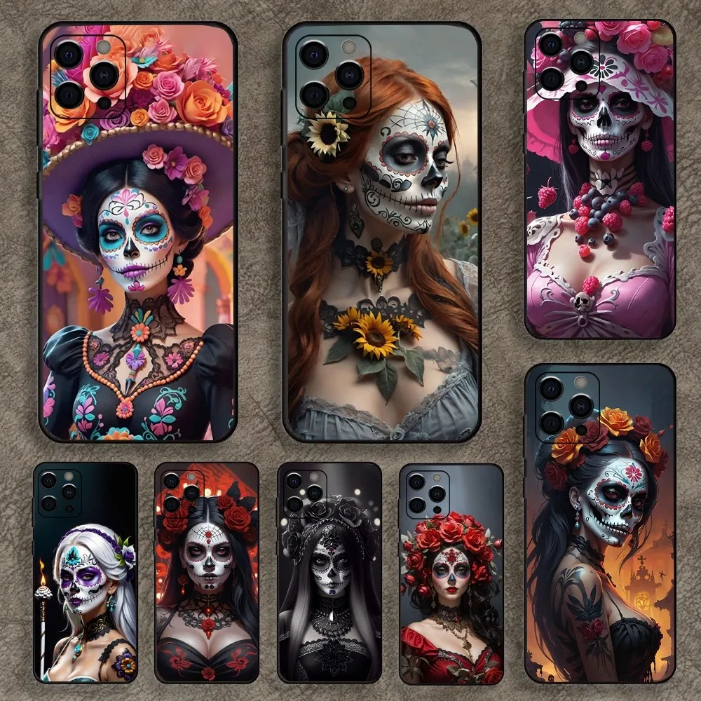 Mexican Catrina Skull Girl Phone Case For Apple iPhone 15,14,13,12,11,Pro,X,XS,Max,XR,Plus,Mini Soft Black Cover