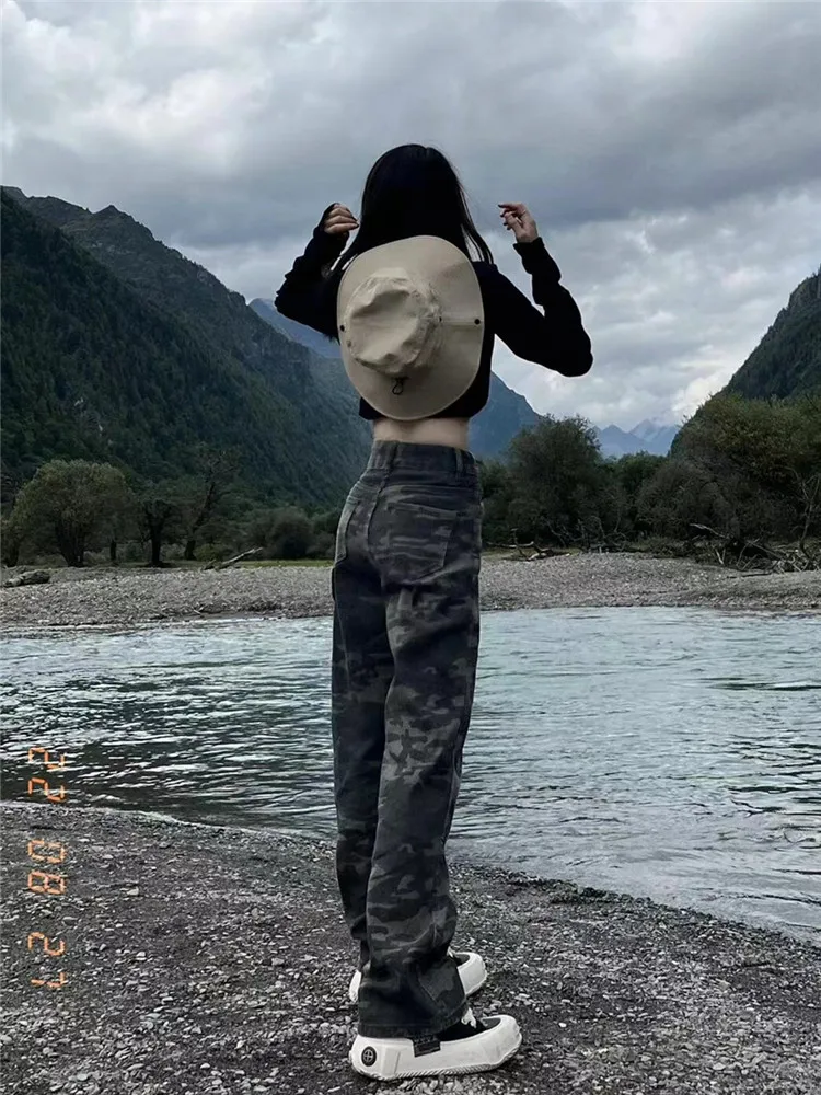 

Американские ретро-джинсы в камуфляжном стиле для женщин: удлиненные, свободные, стройнящие, прямые, широкие брюки в пол с высокой талией