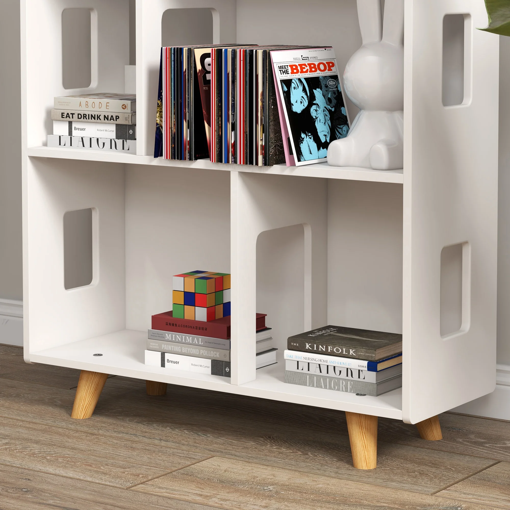 ZONEKIZ Toy Storage Shelf, 3 Tier Children Bookcase with 6 Cubes, for Playroom, Nursery, Bedroom, Kids Room - White