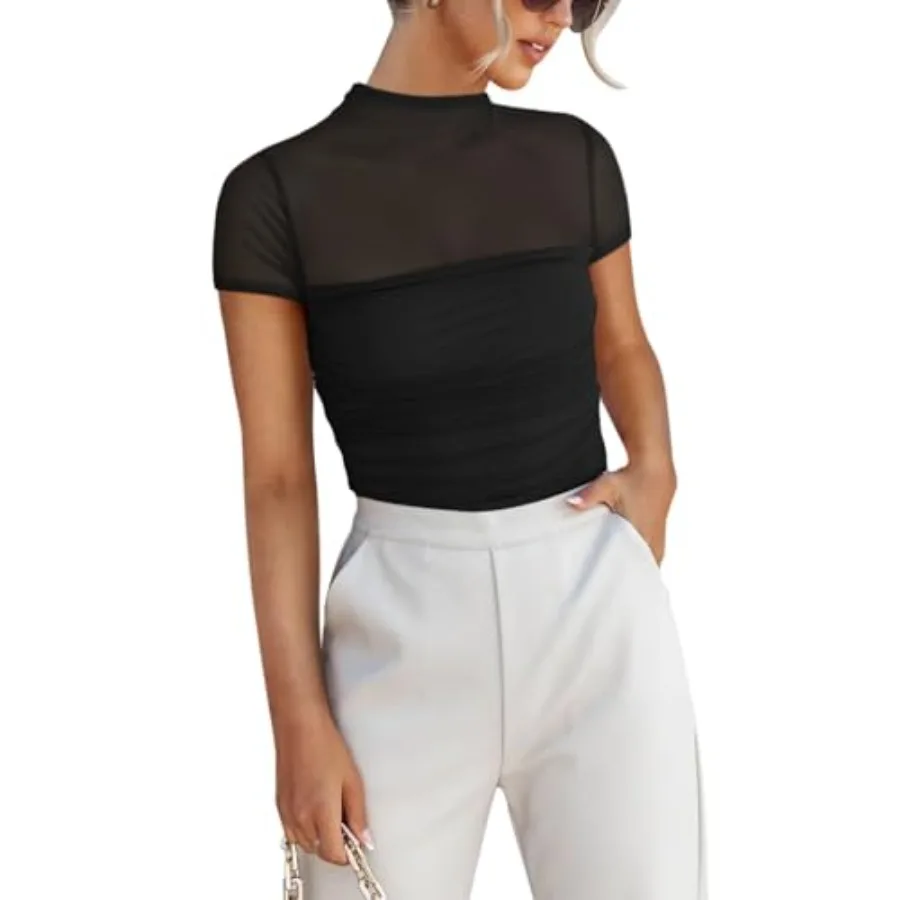 

REORIA Women's Sexy Mock Turtle Neck Short Sleeve Shirts Sheer Mesh Ruched Trendy Going Out Bodysuits Tops