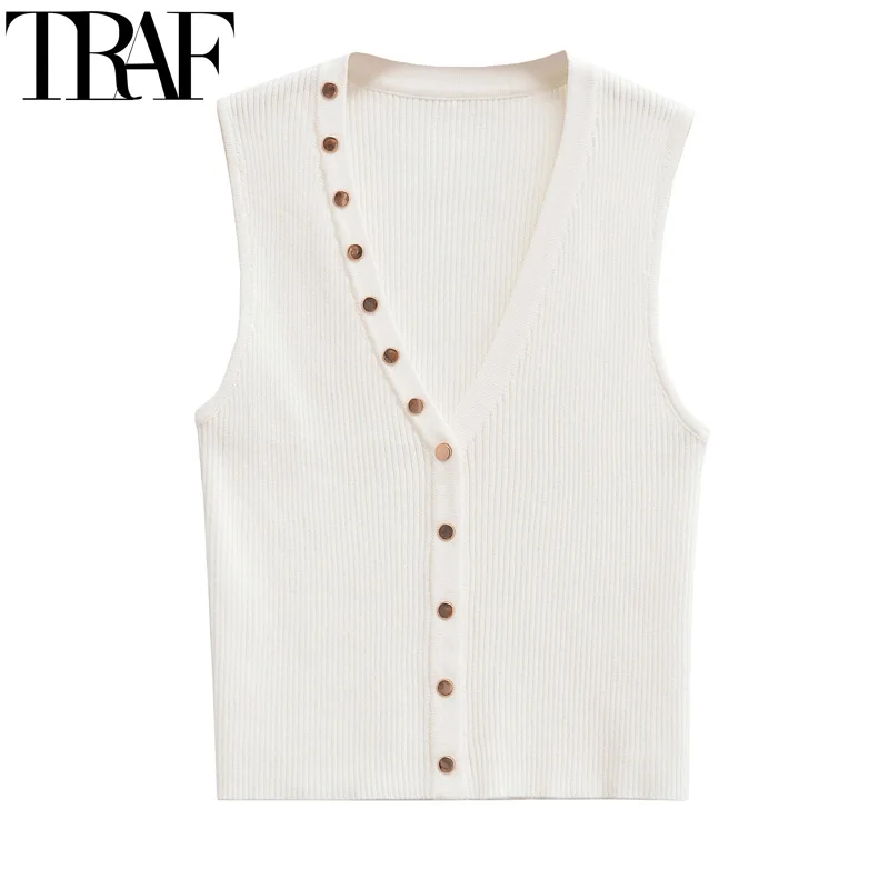 TRAF Women\'s Tanks Top Sleeveless White Crop Top Woman Fall Knitted Vest Top Female Casual New Knitwear Short Tanks And Camis