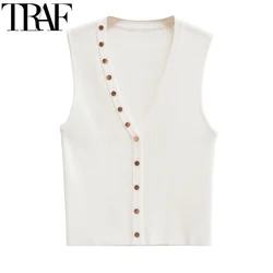 TRAF Women's Tanks Top Sleeveless White Crop Top Woman Fall Knitted Vest Top Female Casual New Knitwear Short Tanks And Camis