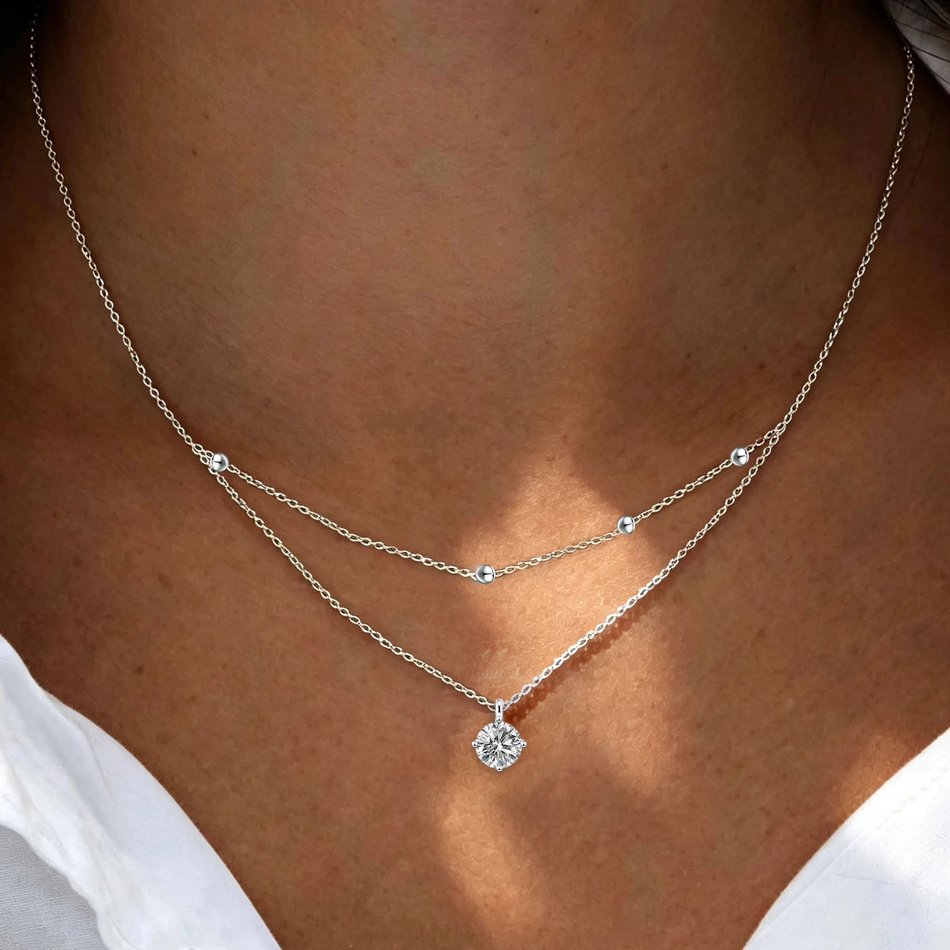 Certified 5mm Moissanite Pendant Layered Necklace for Women 925 Sterling Silver Double Chain Beads Birthday Party Jewelry Gift