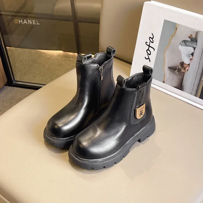 Toddler Kids Leather Ankle Boots, Fleece Lined Warm Side Zip Thick Non Slip Sole Boots for Autumn Winter Daily Wear