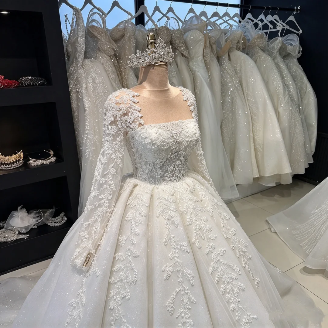 Long Sleeve Square Neck Ballgown Wedding Dress 3D Floral Lace Glitter Tulle Bridal Gown Custom Plus Size Princess Wedding Robe