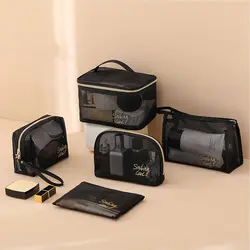 1/5Pcs nuova borsa per cosmetici in rete nera custodia da viaggio trasparente custodia per trucco portatile di grande capacità Organizer per articoli da toeletta