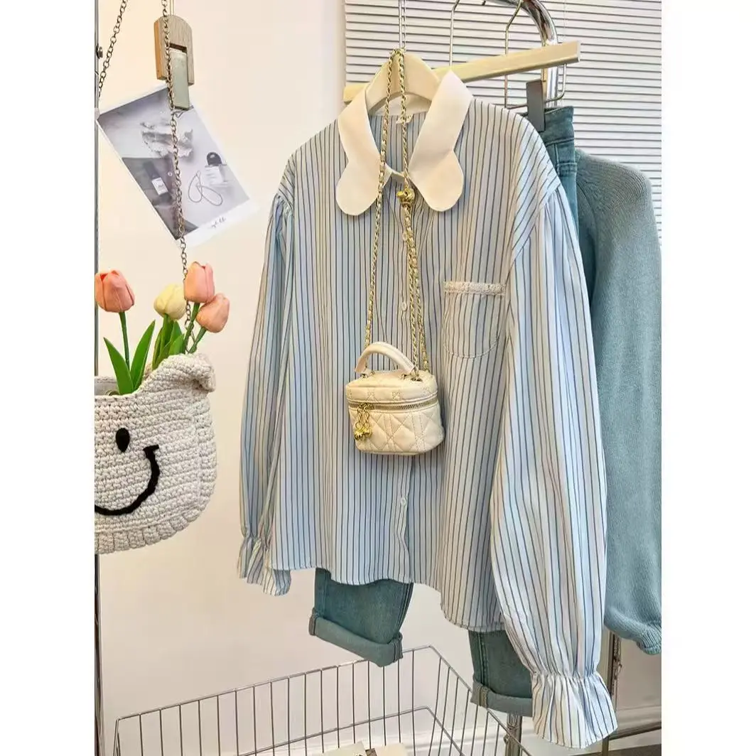 

Синие рубашки в полоску с воротником Питера Пэна, весна-лето 2026, женская блузка с длинными рукавами Y2k, винтажные корейские повседневные рубашки в стиле Харадзюку 2026