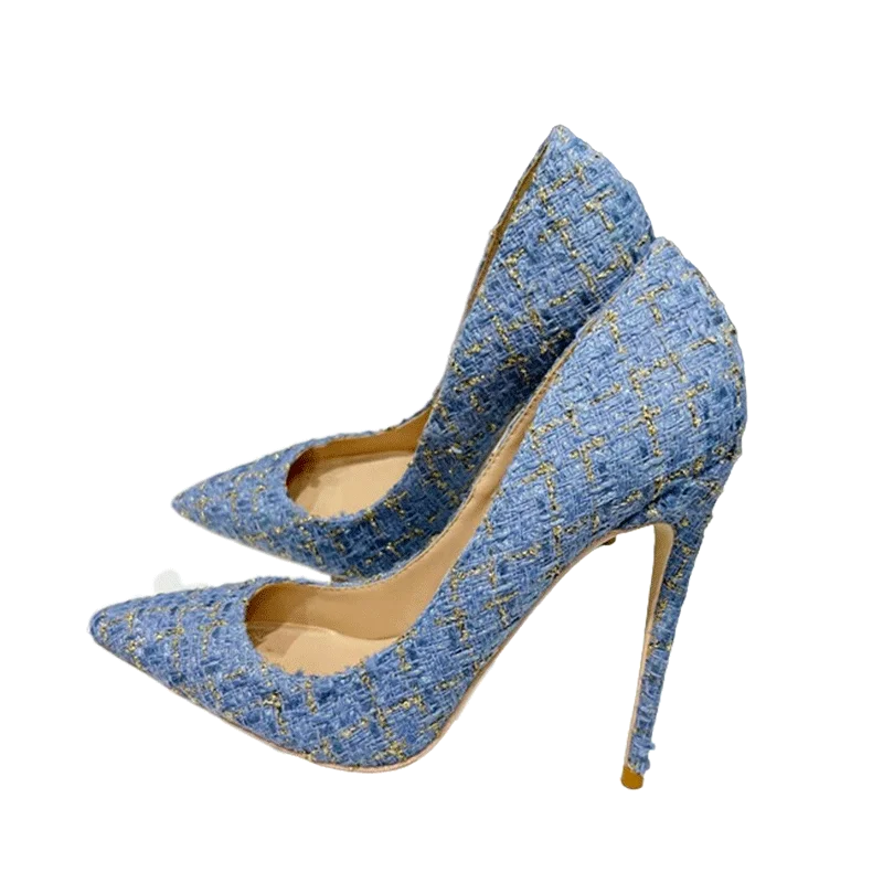 Tikicup Plus Size Blue Plaid Pattern Women Pointy Toe High Heel Shoes Elegant Ladies Chic Stiletto Pumps Customize 8cm 10cm 12cm