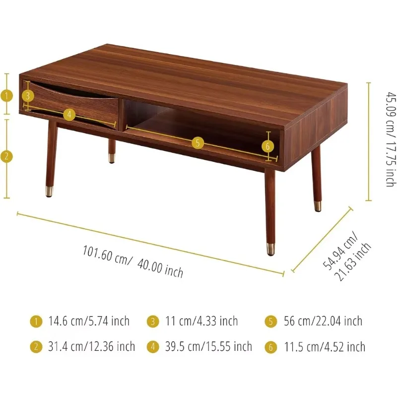 40 in. x 21.63 in. Wooden Mid-Century Modern Coffee Table with Drawer and Shelf, Walnut with Brass Leg Tips