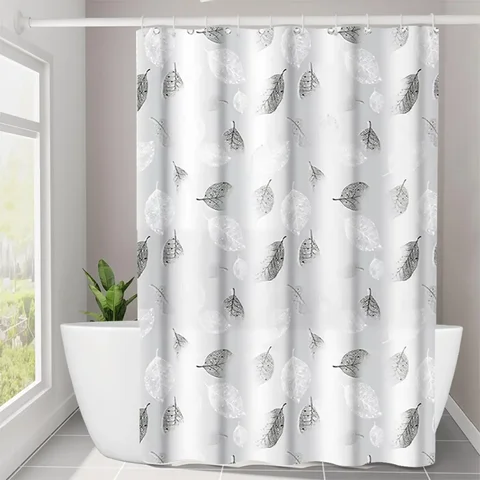 1pc Leaf Pattern Plastic Shower Curtain, Lightweight Bath Curtain Liner with Plastic Hooks, Transparent Curtain, Bathroom Decor