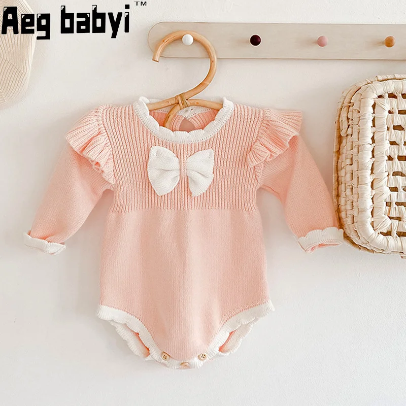 

Infants Clothes Autumn Spring New Knitted Cute Bow Newborn Baby Girl Bodysuits Solid Color Toddlers Kids Jumpsuits 0-24M