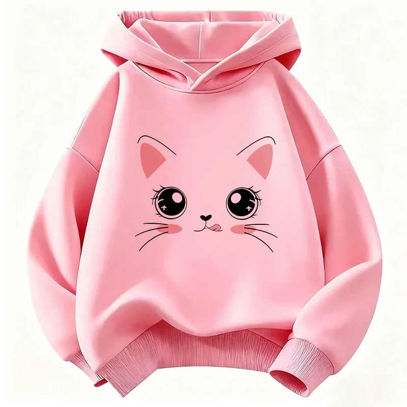 Katzen-Hoodie, süßes Kawaii-Anime-Gesicht, rosa Ohren, Mädchen, Kinder, Cartoon, Y2K-Ästhetik, weiß, Oversized, lässiger Sport-Sweatshirt – Detail 5