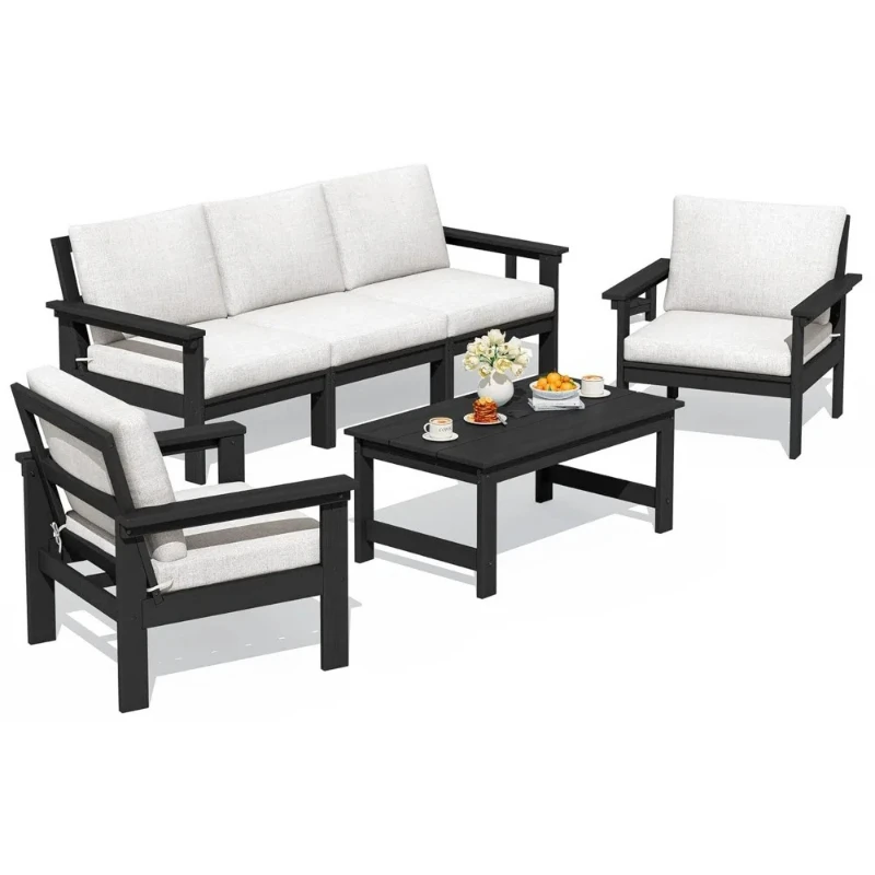 Terrace combo sofa set, 6-piece all-weather outdoor furniture, black frame and khaki cushions, suitable for decks and lawns