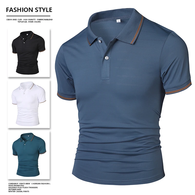 Men Summer Ice Silk Polo Shirt Contrast Gold Striped Collar Short Sleeve T-Shirt Slim Fit Breathable Business Casual Solid Color