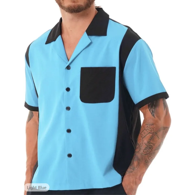 

Large Size Men's Casual Summer Bowling Camp Collar Shirt Short Sleeved Color Blocking Pattern Folding Street Daily Button Shirt