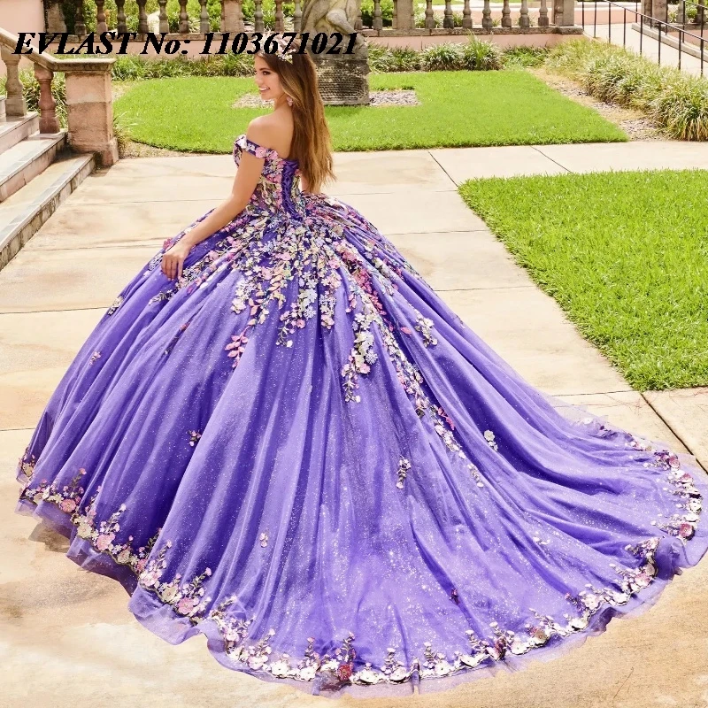 فستان Quinceanera أرجواني مخصص من EVLAST ثوب حفلة ثلاثي الأبعاد مزين بالزهور وكريستال مطرز كيب سويت 16 فيستدو دي 15 أنوس SQ261