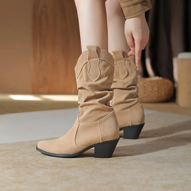 

Classic Chelsea Boots For Woman Suede Pointy Toe Chunky Heels Women's Pleated Boots Slip On Shoes