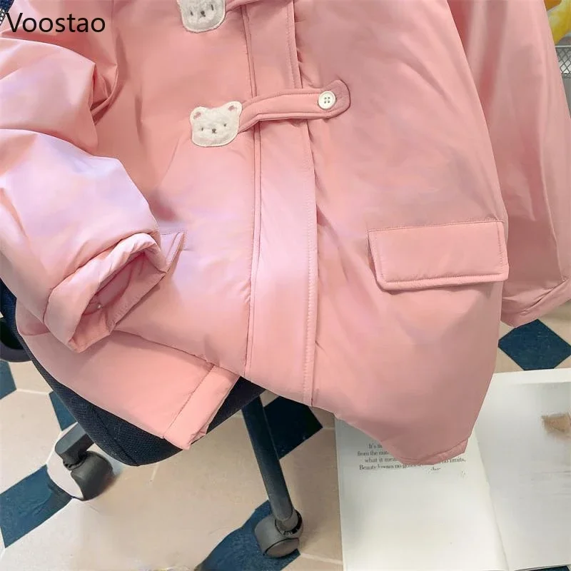 Sweet Lolita Parkas Women Long Sleeve Kawaii Winter Bear Ear Hooded Coats Patchwork Casual Chic Pink Jacket Female Ropa Mujer