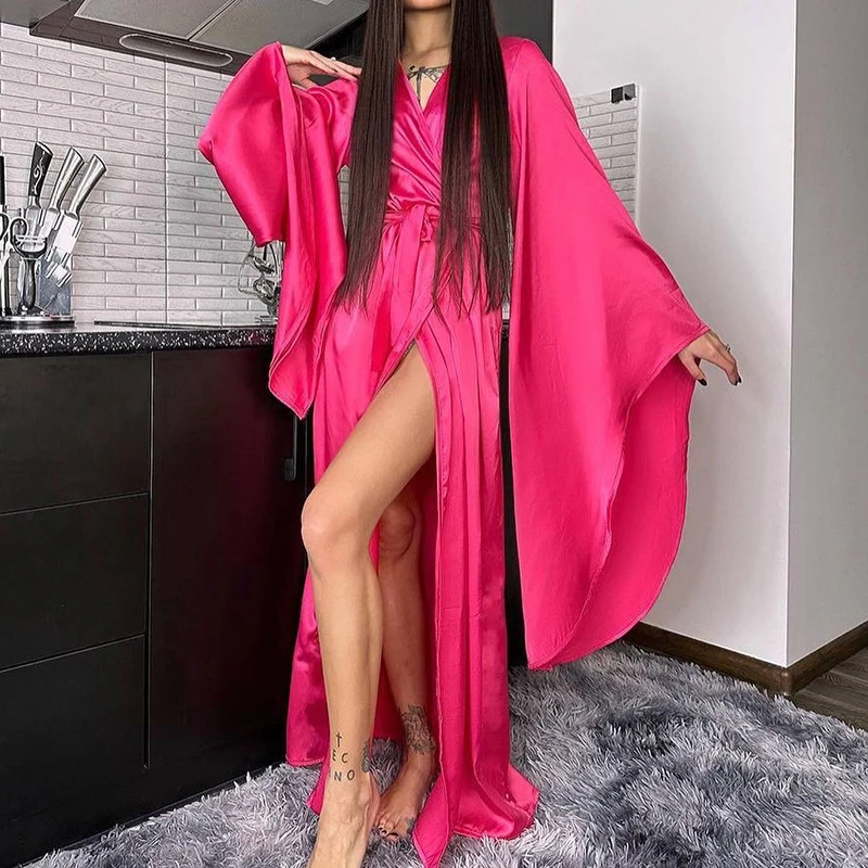 Elegant Hight Waist Pleated Party Dress Fashion Hight Split Long Sleeve Solid Dress Women Sexy V-neck Lace-up Satin Long Dresses