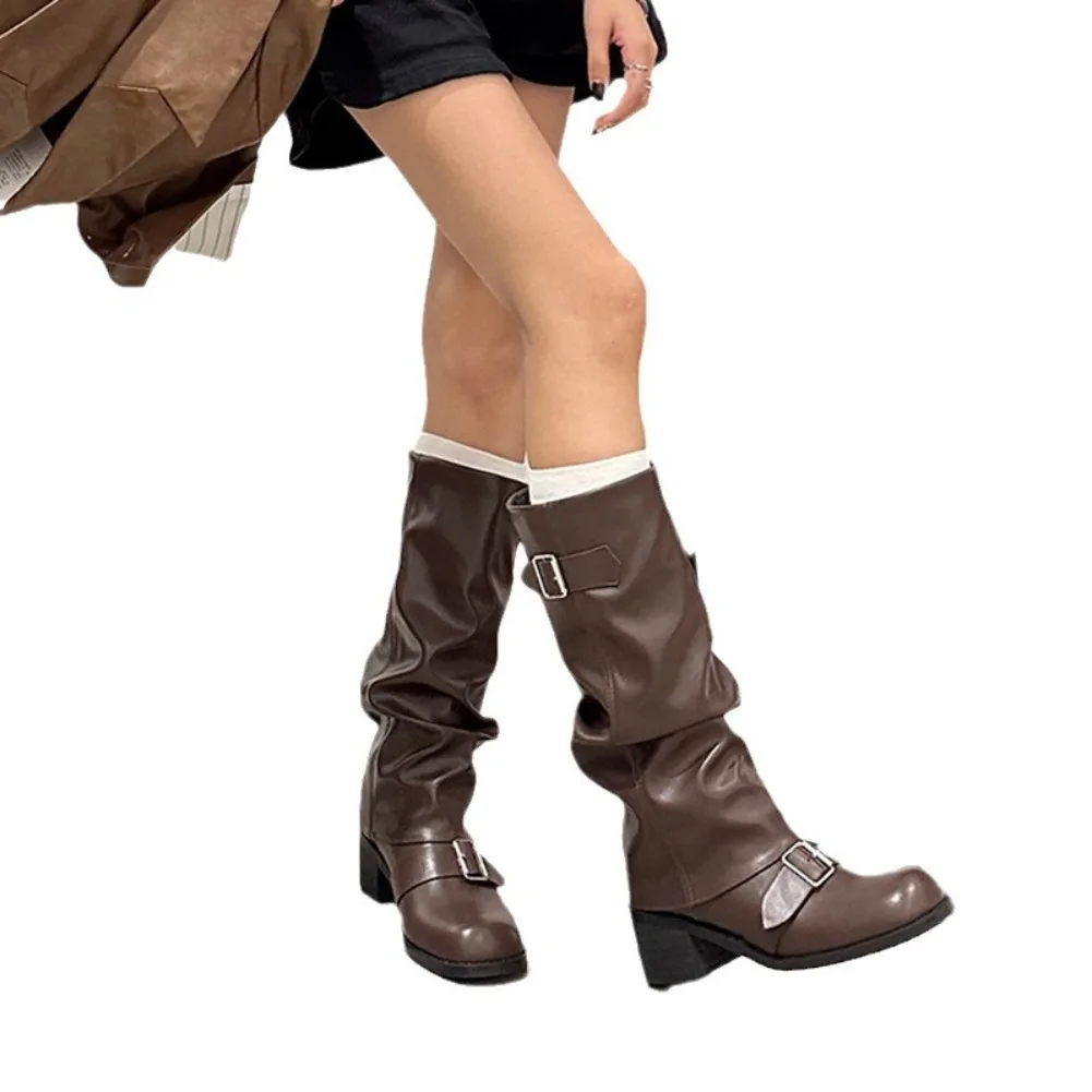 2026 امرأة الأحذية الركبة عالية منصة حذاء بكعب سميك الاتجاه الشرير القوطية جديد روك الجلود موضة أحذية نسائية دراجة نارية الأحذية #5