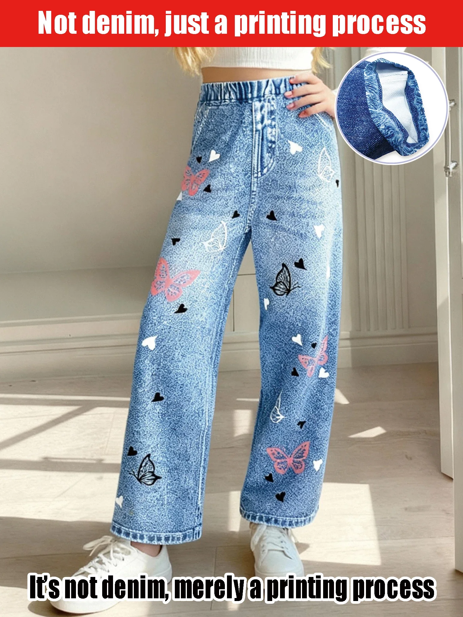 

High Waist Straight Imitation Jeans for Girls Butterfly Love Simulation Casual Trousers Spring Autumn Fashion Ladies