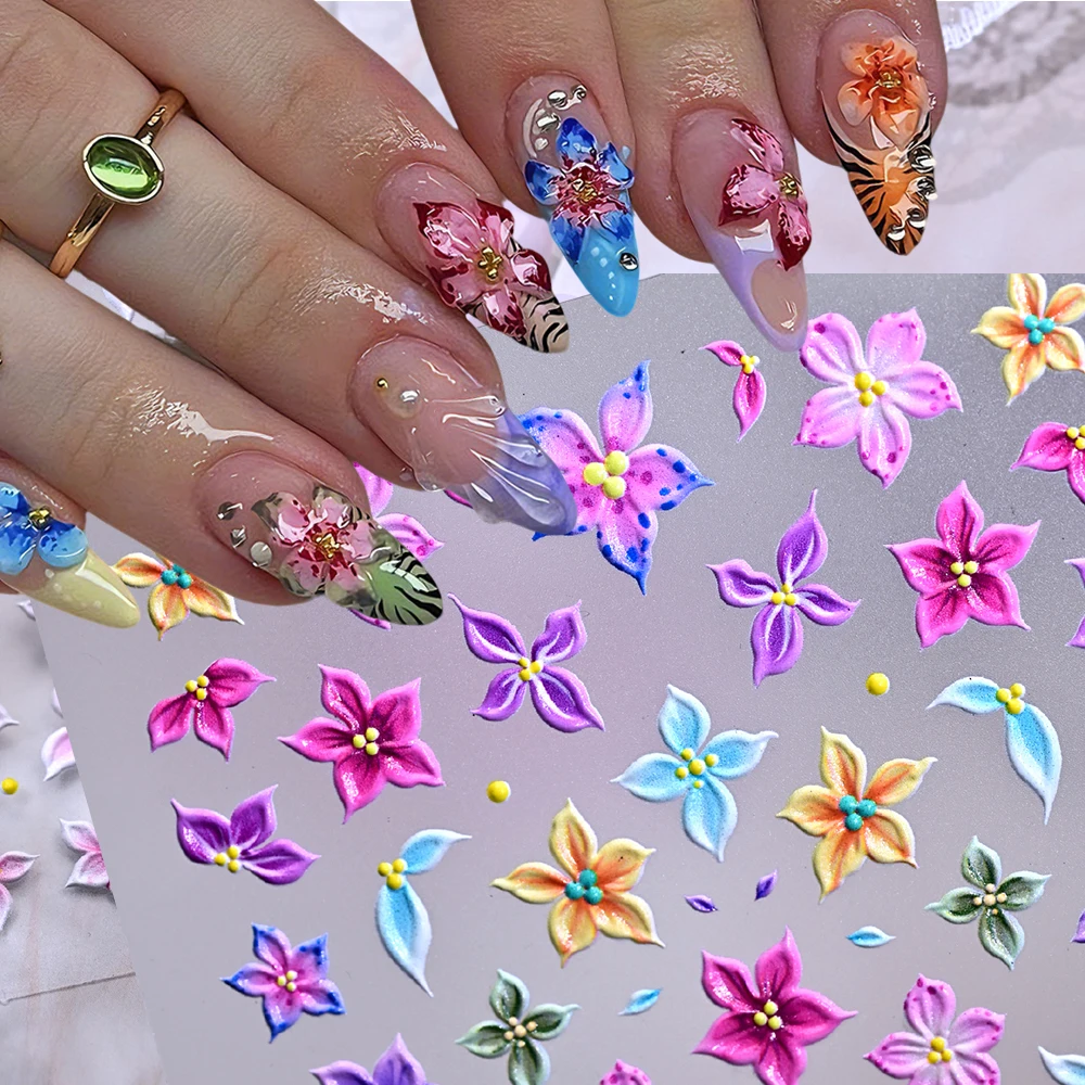 5D Embossed Colorful Spotted Lily Nail Stickers Gradient Yellow Pink Blue Mixed Flower Nail Decals Lily Flower Manicure Sliders&