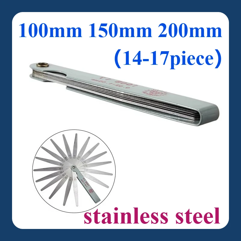 100mm, 150mm, 200mm (14; 17 peças) medidor de folga de aço inoxidável de alta precisão, medidor de folga métrico e imperial