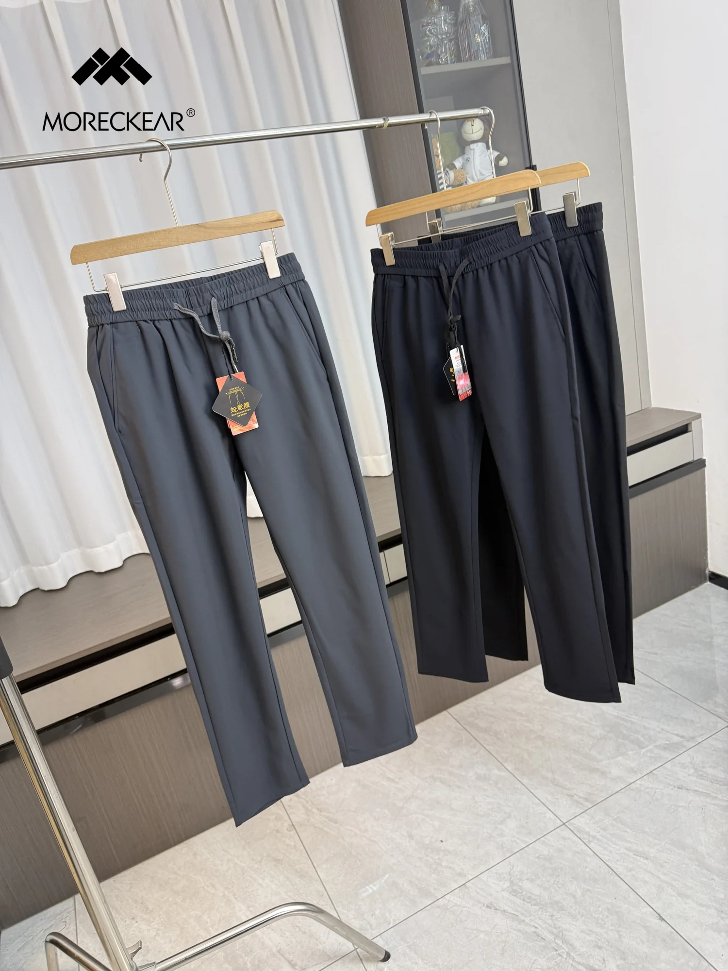 

High Elastici Straight Leg Casual Pants for Men Thiened Elastic Waist Pure Color Anti-Wrinkle Spring Autumn Wear