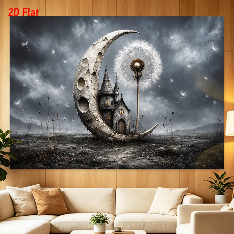 Dreamy Moon Castle and Dandelion Galaxy Wall Art Canvas Decoration for Living Room Bedroom Home Decor