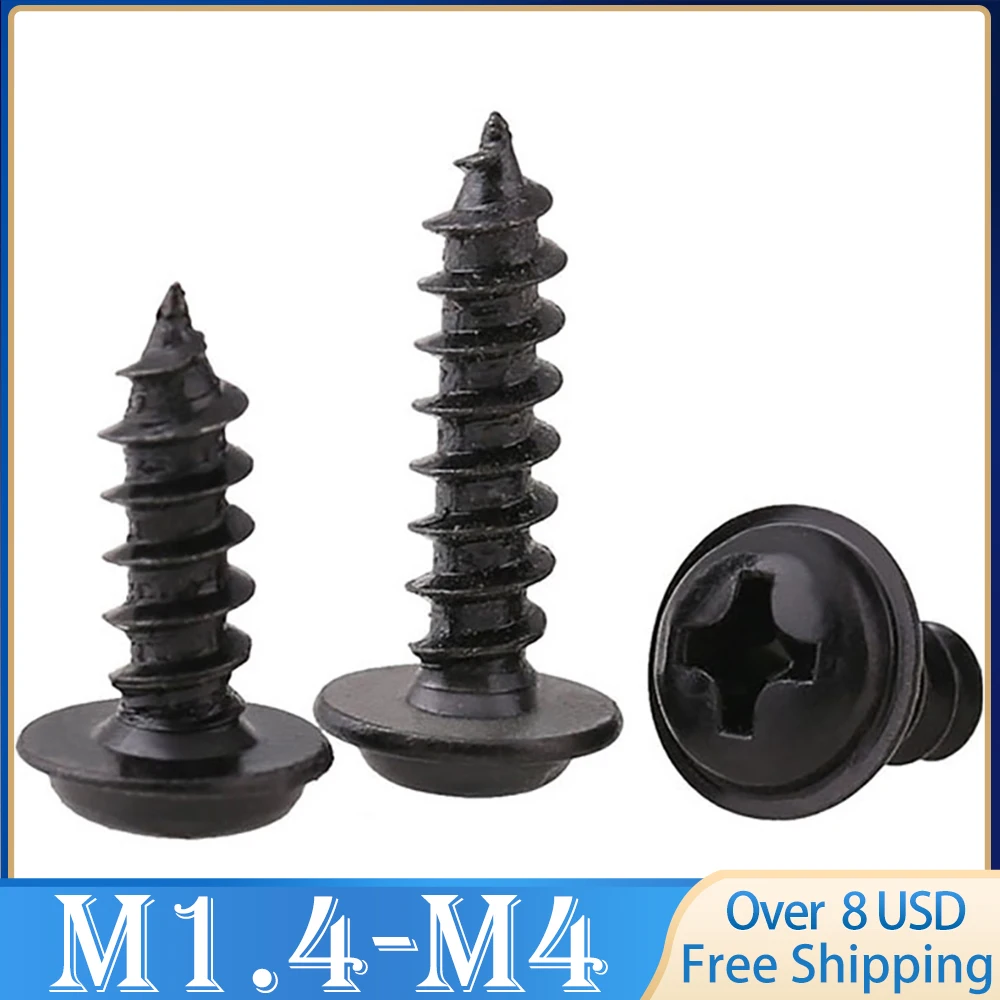 50 100 200 szt. M1.4 M1.7 M2 M2.5 M3 M3.5 M4 PWA Mini Black Steel Phillips PWA Śruby samogwintujące z łbem okrągłym krzyżowym i podkładką