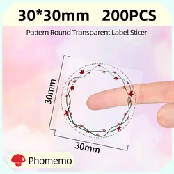 200Pcs Circle Round Transparent Pattern Self-Adhesive Label Paper for Phomemo M110/M220 Label Printer Thermal Sticker Paper Roll