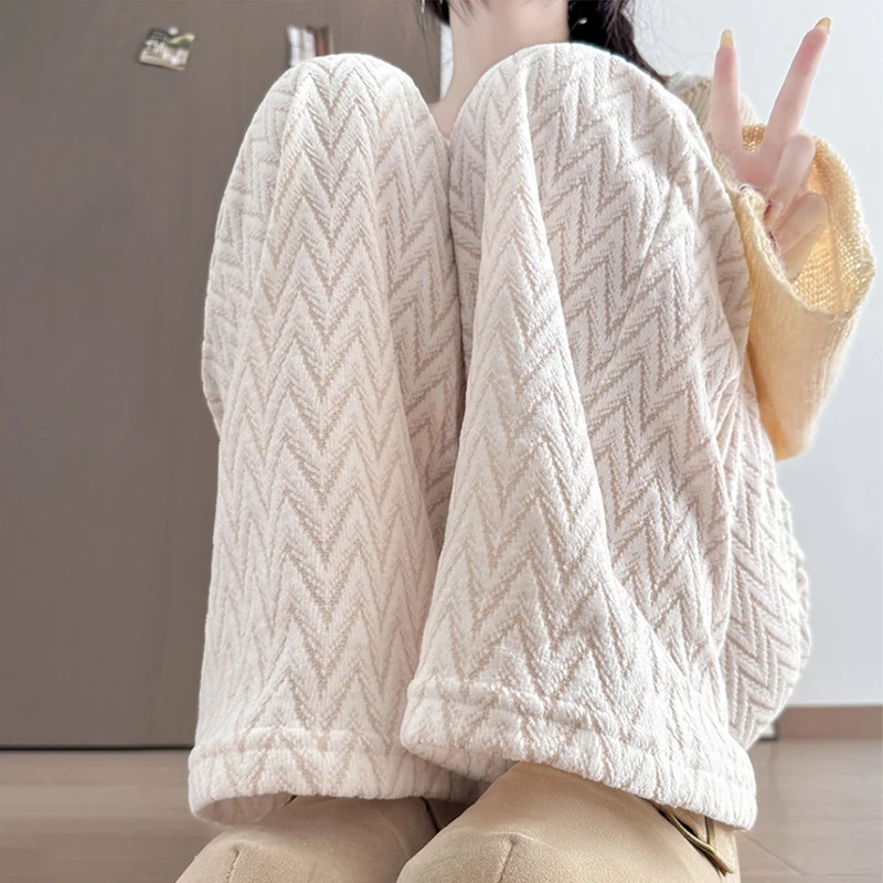 الخريف الشتاء رشاقته الدافئة شريط مستقيم السراويل النساء Harajuku الاتجاه فضفاض واسعة الساق بانت عالية الخصر الدانتيل متابعة محبوك بنطلون #5