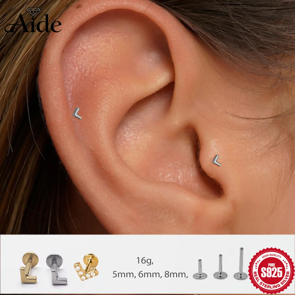 AIDE 1Pc 925 Sterling Silver Glossy V-Shape For Lobe Tragus Cartilage Helix Piercing Women Ideal For Daily Wear, Office, Wedding